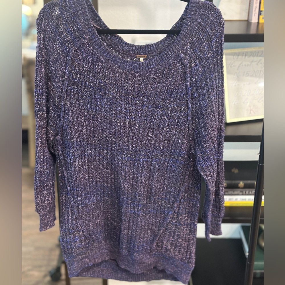 Free People Purple Crew Neck Sweater with Ribbed Texture